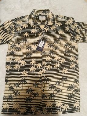 Tropical Stripe Palm-Print Short Sleeve Shirt - Beige/Black